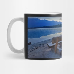 Cavell Lake Wooden Bench Morning Jasper National Park Fall Leaves Mug